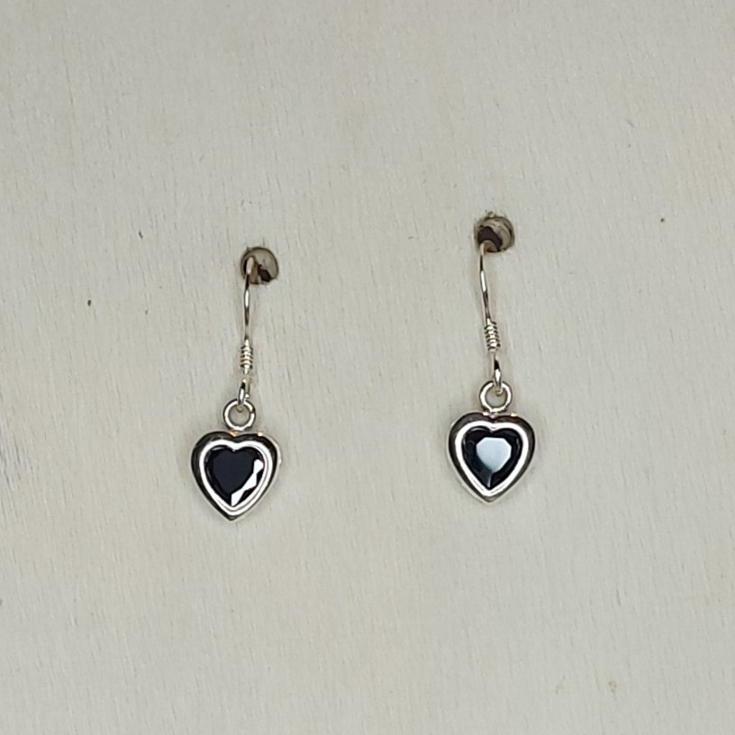 Black Cubic Zirconia & Sterling Silver Tiny Heart Earrings