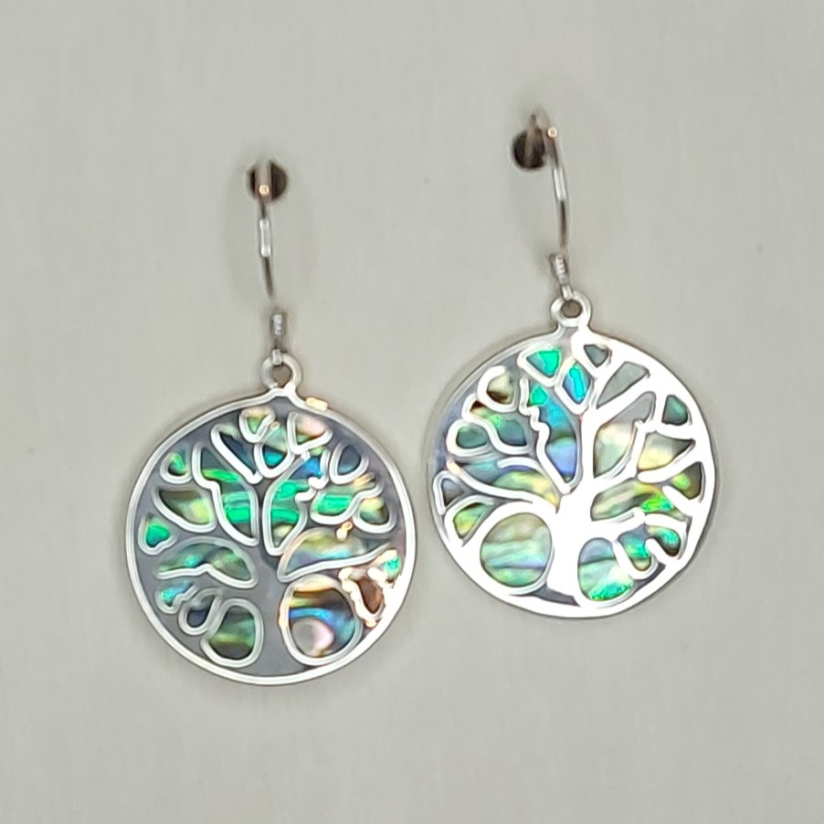 Abalone Shell & Sterling Silver Overlay Tree of Life Earrings