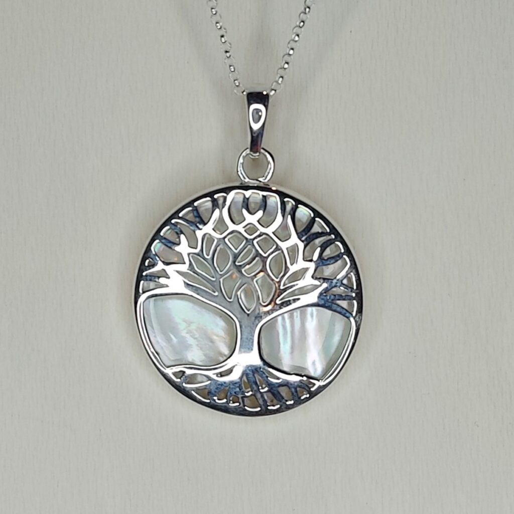 Mother of Pearl & Sterling Silver Ornate Tree of Life Pendant Large