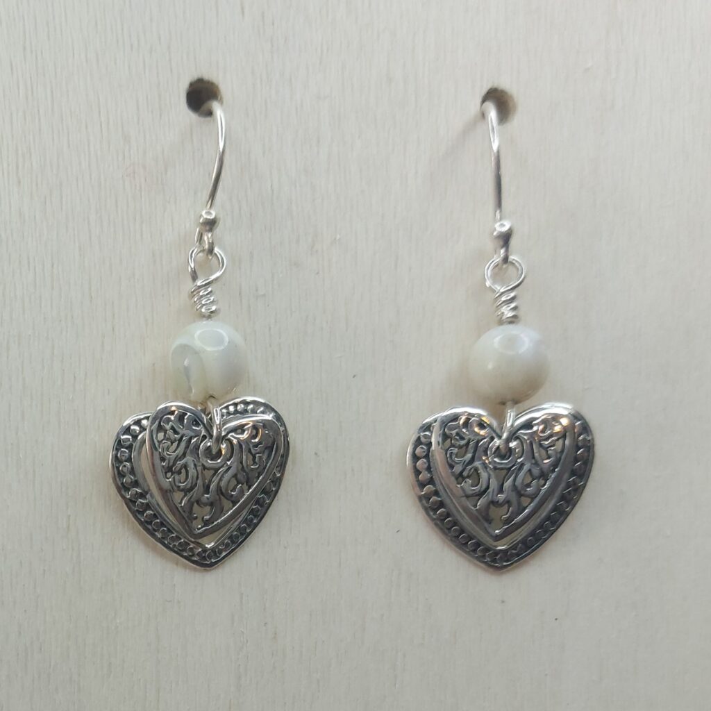 Mother of Pearl & Sterling Silver Heart with Bead Drop Earrings
