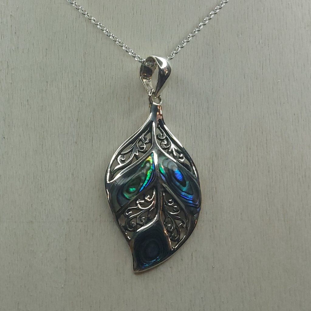 Abalone Shell & Sterling Silver Ornate Leaf Pendant