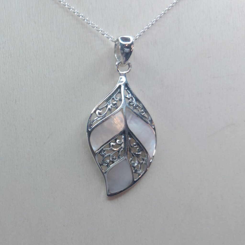 Mother of Pearl & Sterling Silver Ornate Leaf Pendant