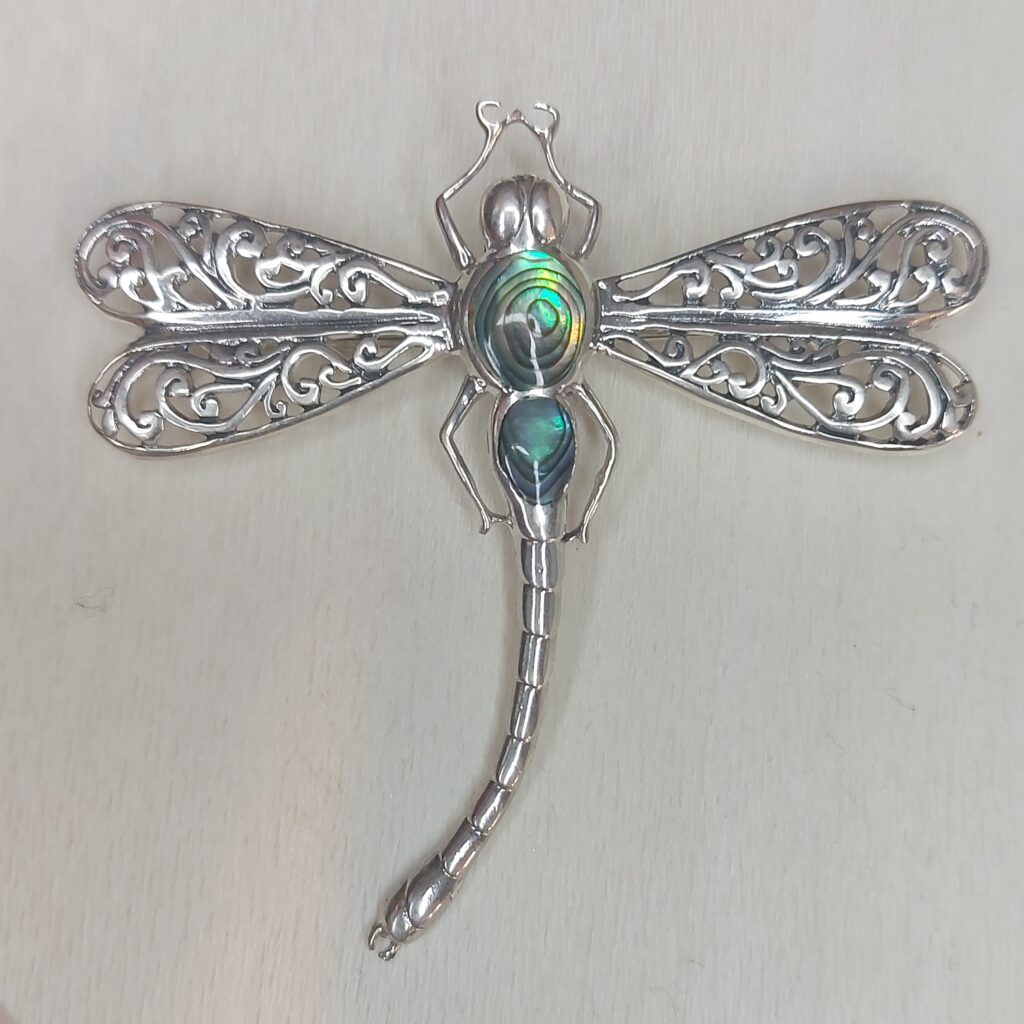 Abalone Shell & Sterling Silver Dragonfly  Brooch