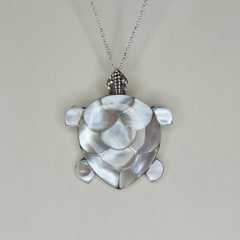 Mother of Pearl & Sterling Silver Turtle Mosaic Pendant/ Brooch