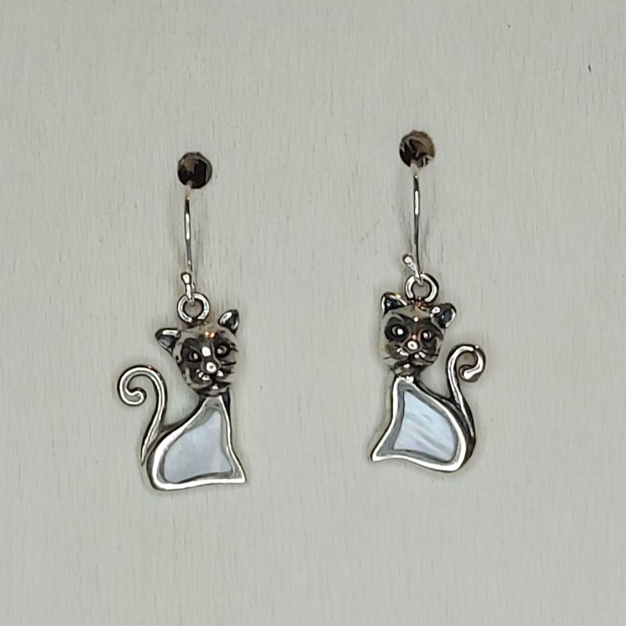 Mother of Pearl & Sterling Silver Cute Cat Earrings