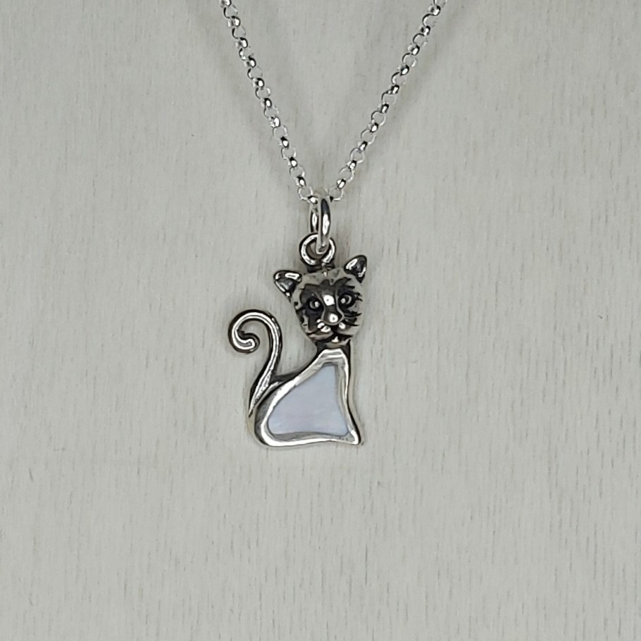 Mother of Pearl & Sterling Silver Cute Cat Pendant