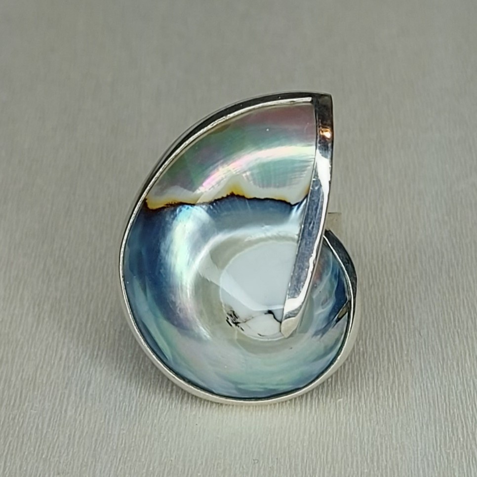 Blue & White Nautilus Shell & Sterling Silver Ring