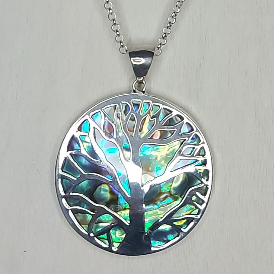 Abalone Shell & Sterling Silver Tree of Life Pendant 40mm