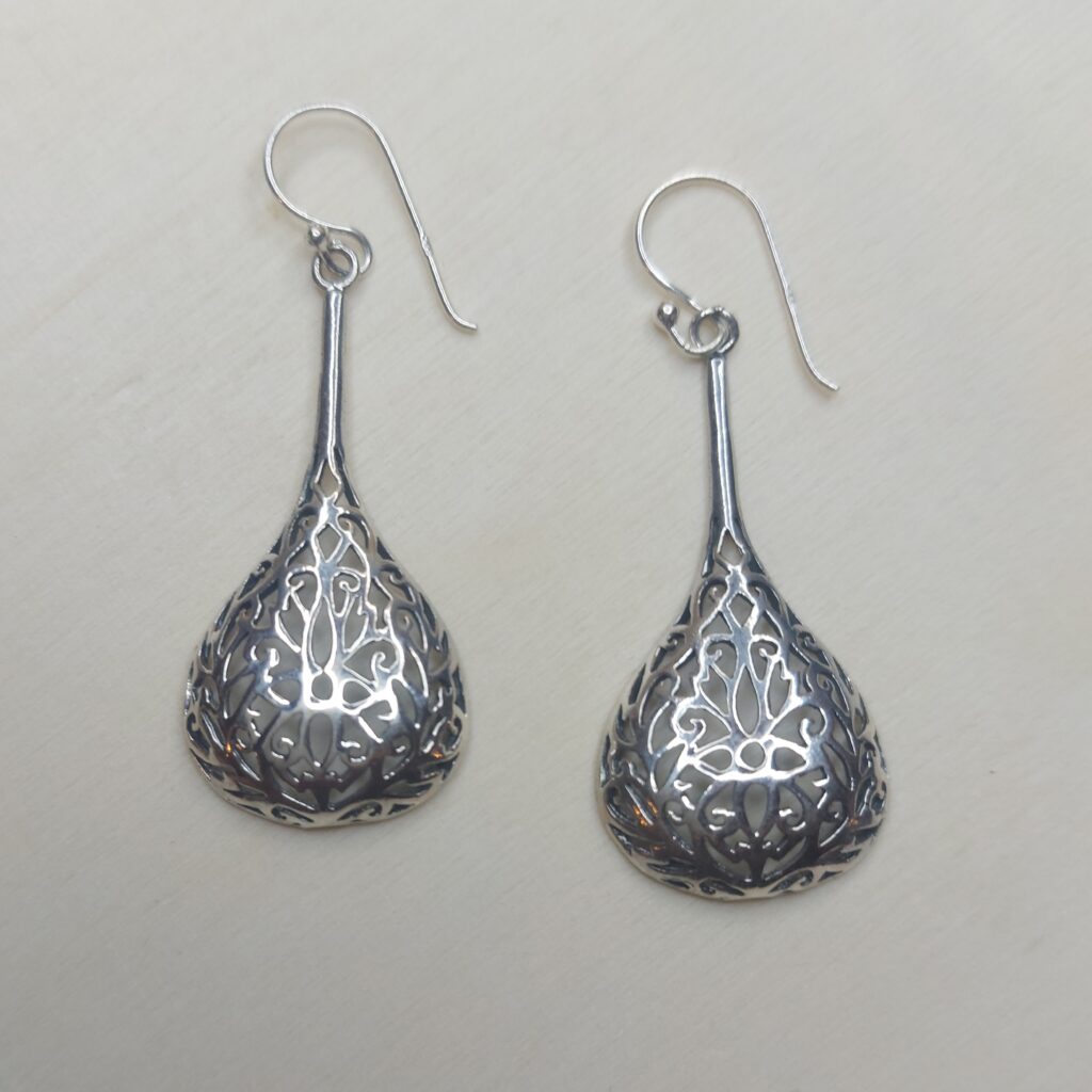 Sterling Silver Flat Ornate Teardrop Earrings