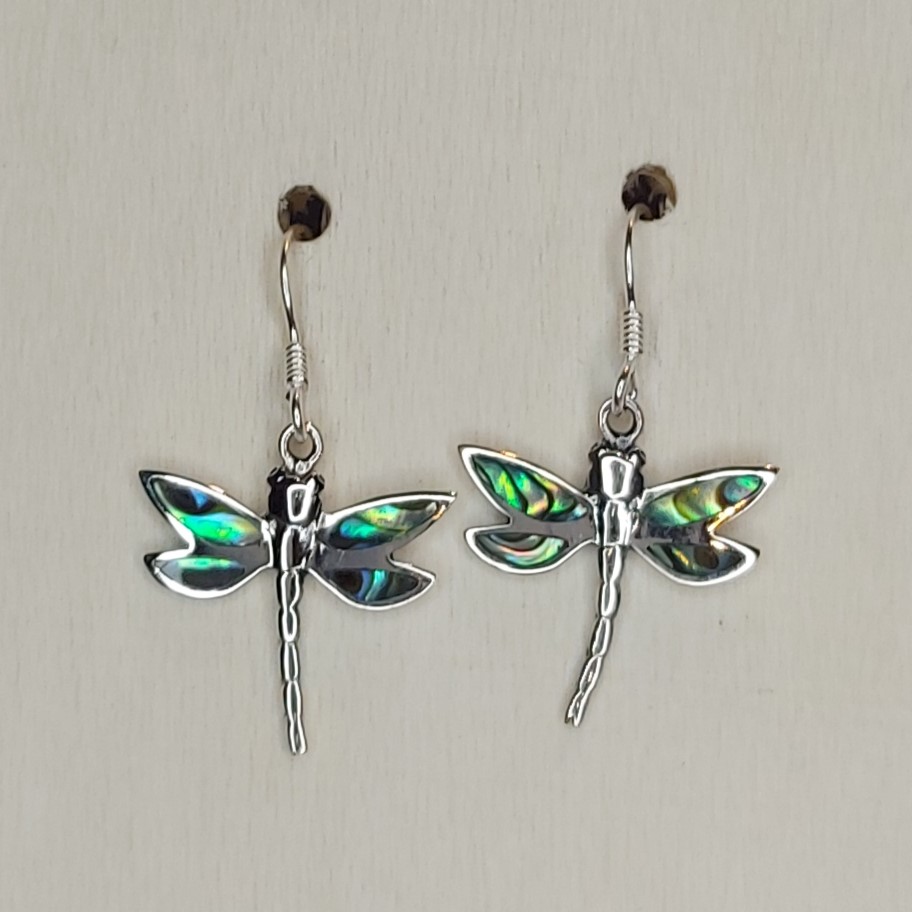 Abalone Shell & Sterling Silver Pointed Dragonfly Earrings