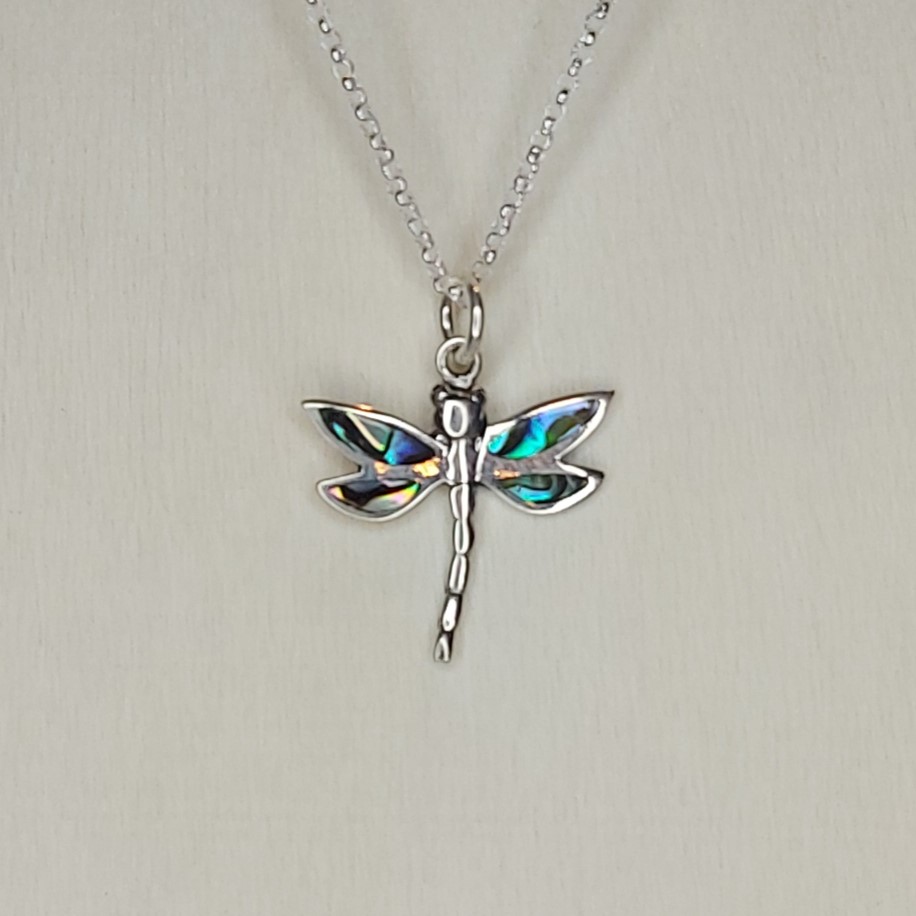 Abalone Shell & Sterling Silver Pointed Dragonfly Pendant
