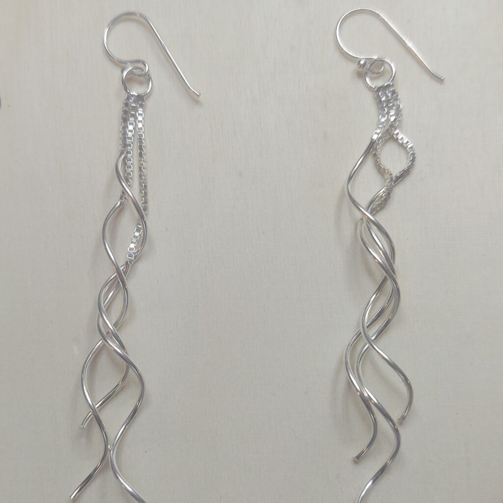 Sterling Silver Long Triple Spiral Earrings